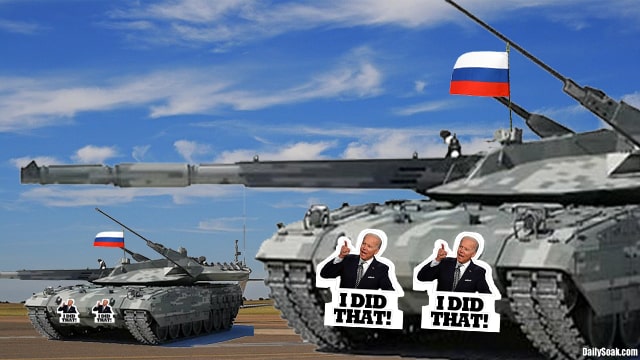 Vladimir Putin's Russian tanks with 'I Did That' Biden stickers on them.