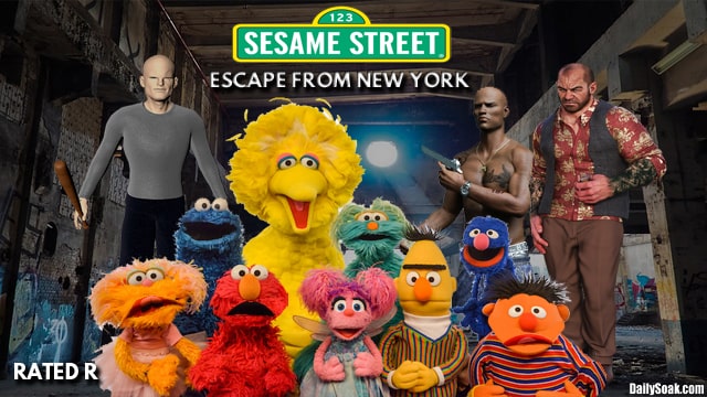 Sesame Street Muppet cast walking in Manhattan.