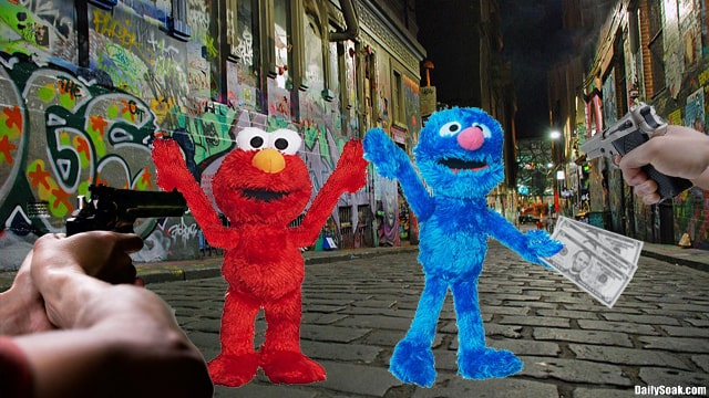 Sesame Street characters Elmo and Grover in New York near Sesame Place.