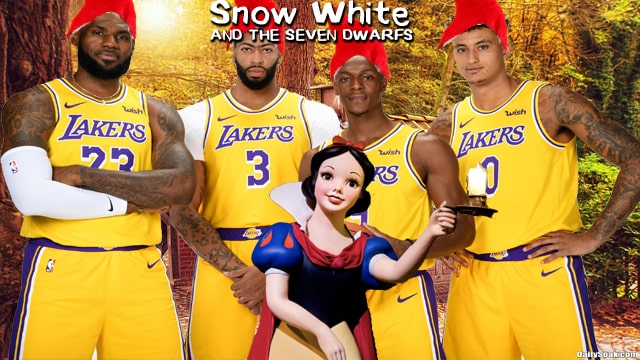 Lebron James and other Lakers players standing with Disney's Snow White and the Seven Dwarfs.