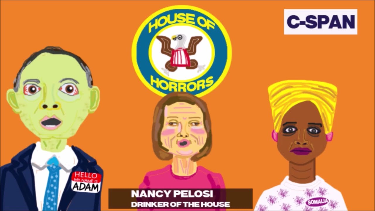 Cartoon Nancy Pelosi, Adam Schiff, and Ilhan Omar.