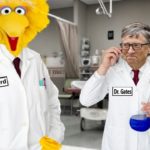 Bill Gates and Big Bird wearing doctor's white lab coats.
