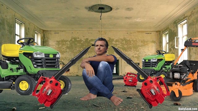 Gavin Newsom surrounded by gas-powered lawn equipment.