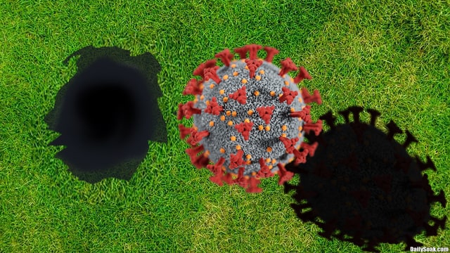 COVID virus sitting on grass.