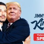 Jimmy Kimmel hugging Donald Trump on late night show advertisement.