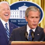 Joe Biden and George Bush on White House stage giving press conference.