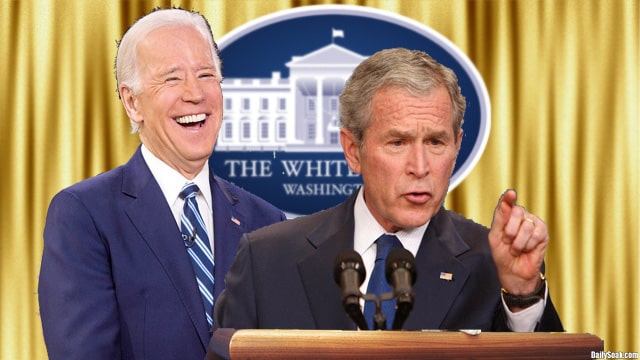 Joe Biden and George Bush on White House stage giving press conference.