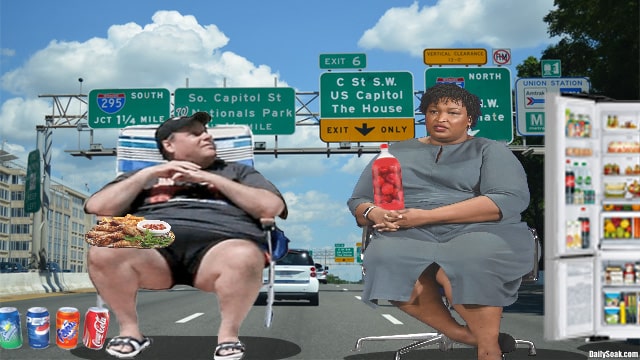 Chris Christie and Stacey Abrams sitting on chairs in street in front of Joe Biden's White House.