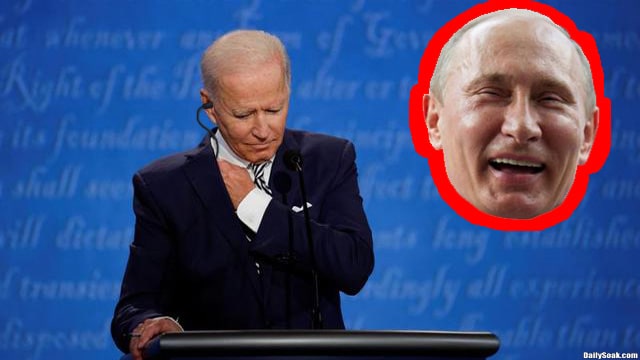 Joe Biden listening to earpiece as Russian Vladimir Putin laughs.