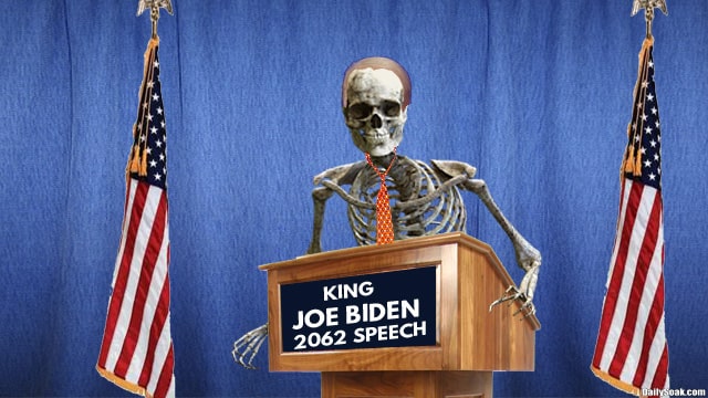 Joe Biden skeleton White House parody giving speech against blue curtain about Russia.