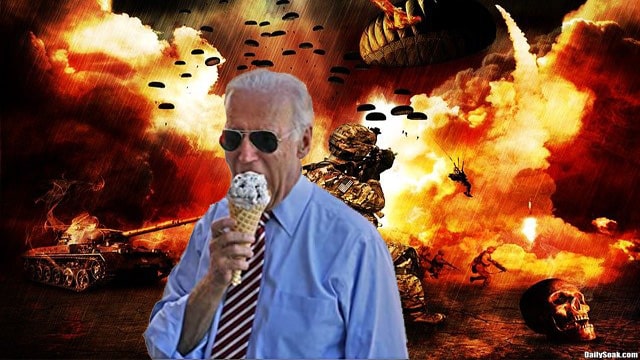 Joe Biden eating ice cream cone while World War 3 goes on behind him.