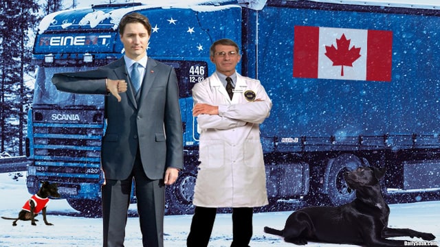 Justin Trudeau and Dr. Fauci standing next to a truck in Canada.