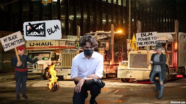 Justin Trudeau kneeling down next to a group of truckers for freedom protesters.
