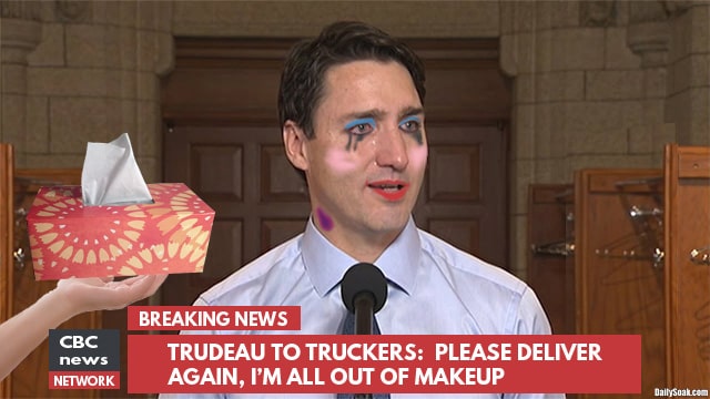 Justin Trudeau wearing makeup while giving a news interview about truckers.