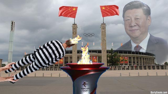 Parody China Olympics with a man holding a Uyghur prisoner's head over the Olympic cauldron.
