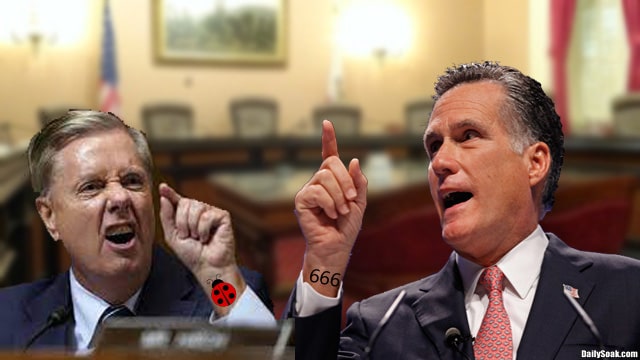 Republicans Mitt Romney and Lindsey Graham threatening by showing their fingers.