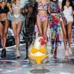 White chicken walking on Victoria's Secret runway with woman models.