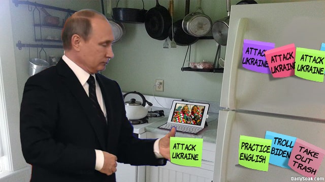 Vladimir Putin posting sticky notes on refrigerator of his Russian house.