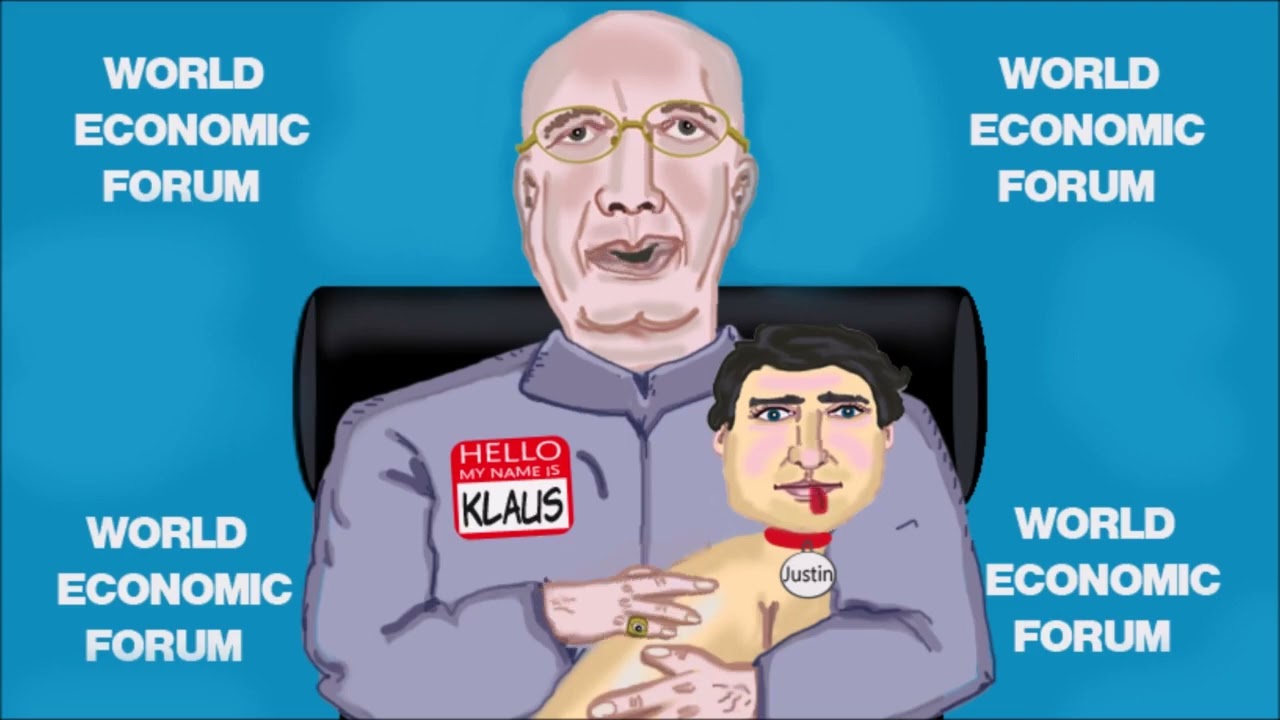 Cartoon animation Klaus Schwab and Justin Trudeau.