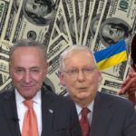 Congress members standing in front of piles of cash.