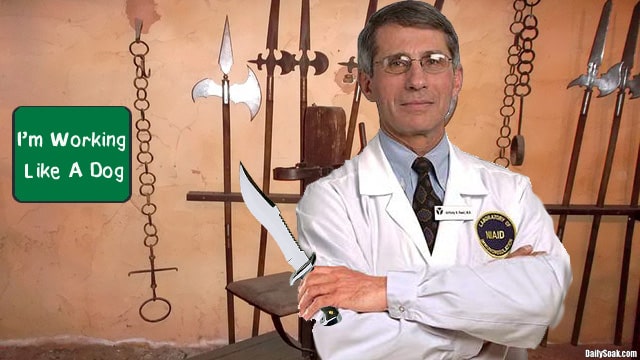 Dr. Fauci in white lab coat inside medical torture room.