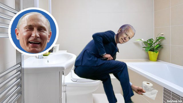 Joe Biden sitting on toilet pooping while Russia President Vladimir Putin laughs.