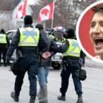 Justin Trudeau laughing at trucker for freedom protester getting arrested by police.