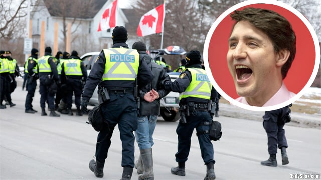 Justin Trudeau laughing at trucker for freedom protester getting arrested by police.