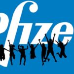 Blue Pfizer logo with black silhouettes of people jumping.