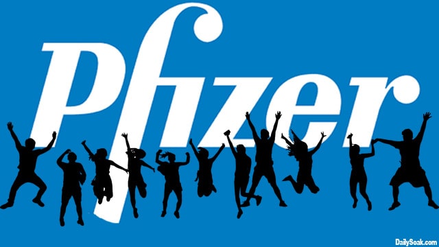 Blue Pfizer logo with black silhouettes of people jumping.