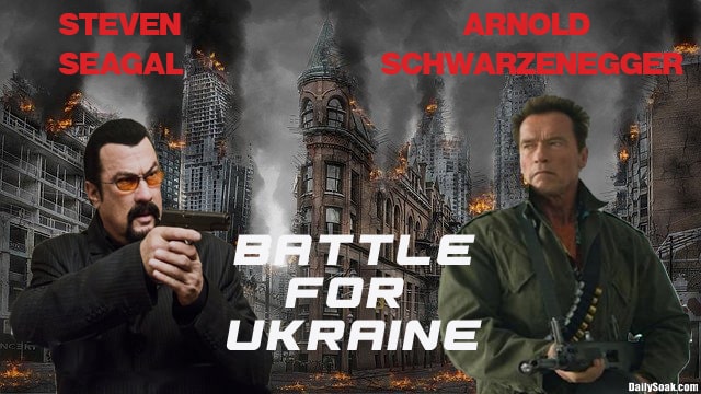 Arnold Schwarzenegger and Steven Seagal pointing guns at each other in Russia Ukraine movie.