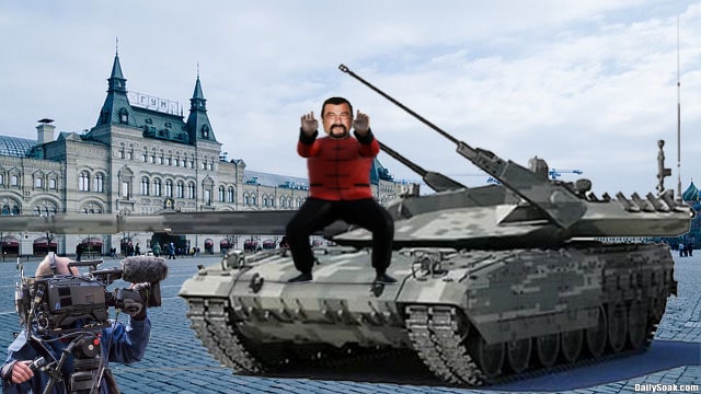 Steven Seagal standing on top of a Russian tank within Moscow, Russia.
