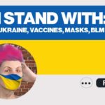 Woman with pink hair wearing Ukraine face mask in Twitter profile picture.