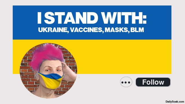 Woman with pink hair wearing Ukraine face mask in Twitter profile picture.