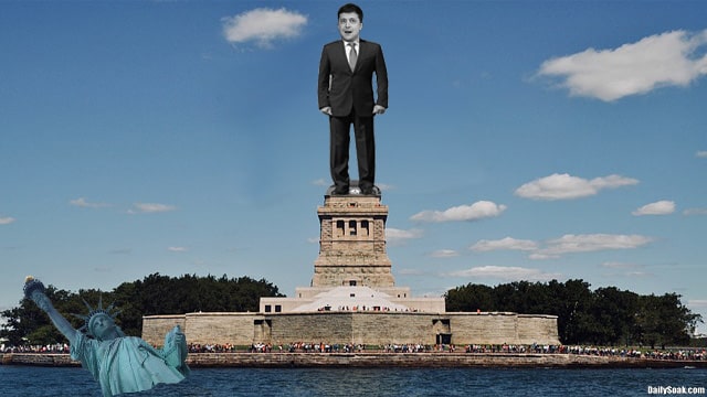 Ukraine President Zelensky statue in place of Statue of Liberty.