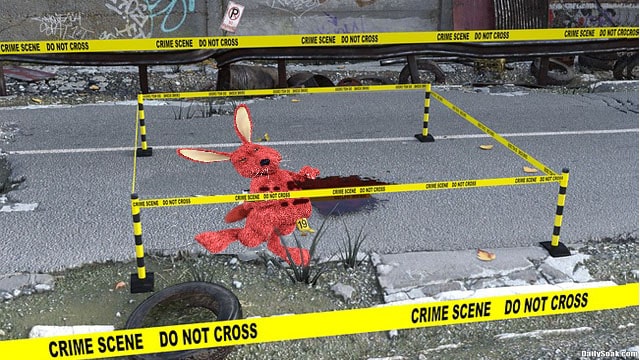 Easter Bunny lying dead on street from gunshot wound.