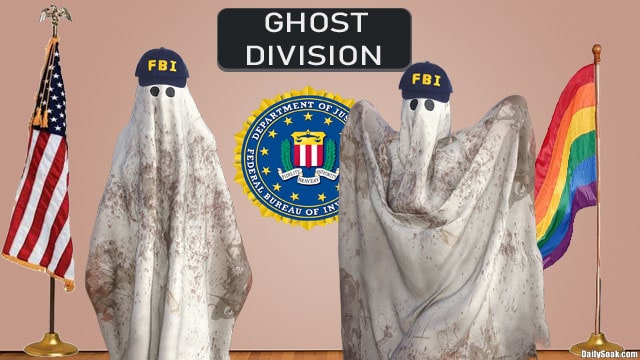 FBI agents dressed as ghosts with white sheets over their bodies.