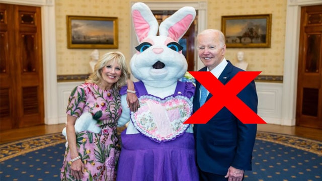 Joe and Jill Biden standing next to White House Easter Bunny.
