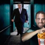 Bill Barr watching Hunter Biden eating bucket of KFC fried chicken.