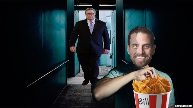 Bill Barr watching Hunter Biden eating bucket of KFC fried chicken.