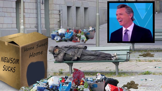 Governor Gavin Newsom laughing at a homeless man's cardboard box.