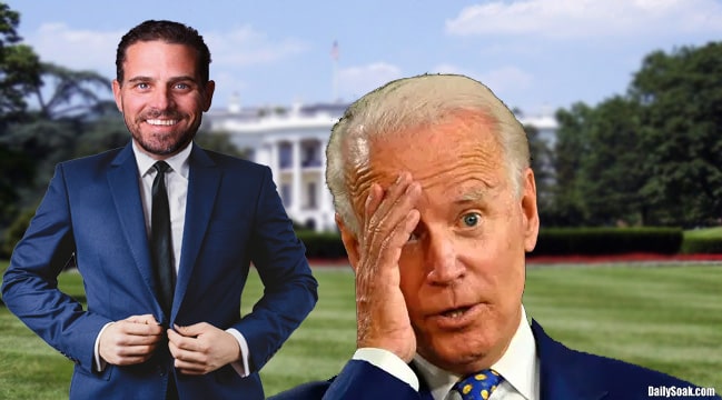 Hunter Biden and Joe Biden standing on White House lawn.