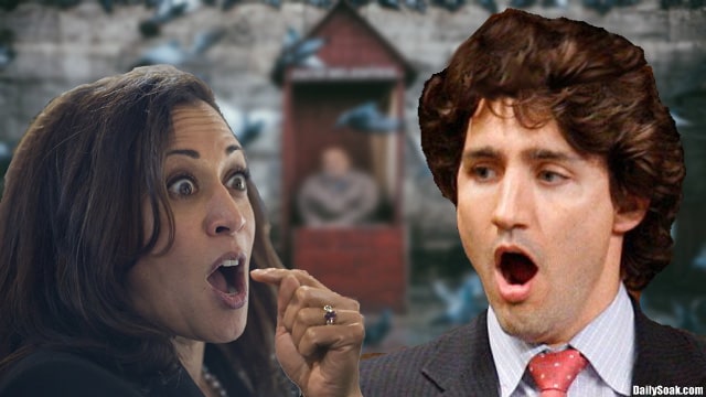 Canadian Prime Minister Justin Trudeau and Kamala Harris speaking to each other.