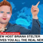 CNN host Brian Stelter wearing women's makeup and clothing.