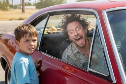 Young son standing in front of sports car in large parking lot with his dad inside of the car.