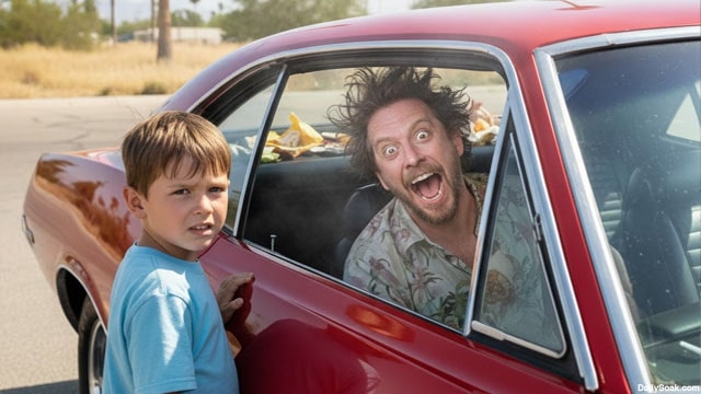 Young son standing in front of sports car in large parking lot with his dad inside of the car.
