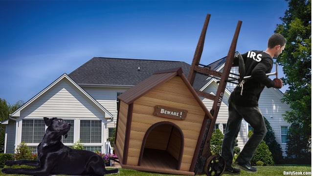 Male IRS agent wheeling away dog house while black Labrador dog watches.