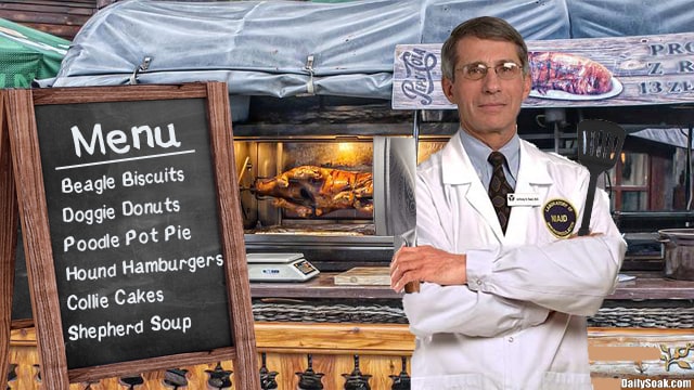 Dr. Fauci in white lab coat in front of restaurant with dog pictures.