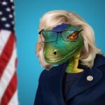 Lizard person Liz Cheney posing in front of American flag.