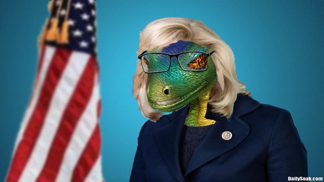 Lizard person Liz Cheney posing in front of American flag.